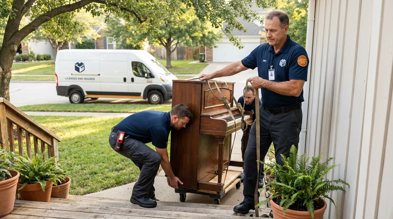 Licensed piano movers securing grand piano in Walkerton, IN