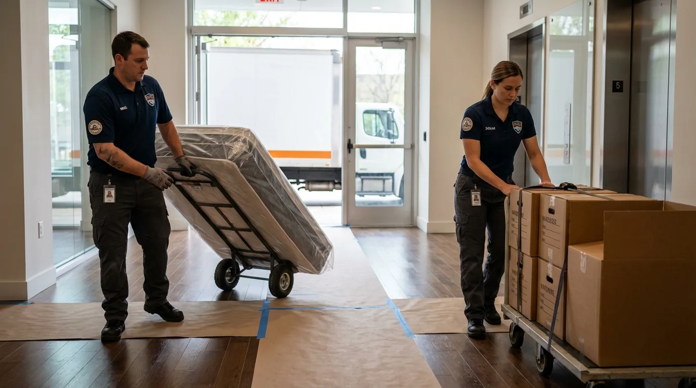 Professional apartment movers loading elevator in Walkerton, IN
