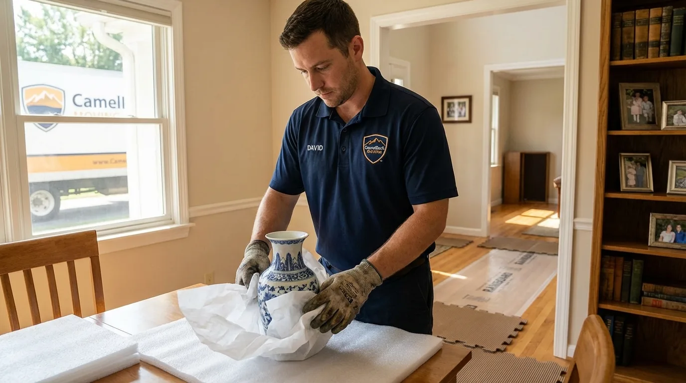 Professional crew carefully wrapping antique vase for senior downsizing move in Walkerton, IN